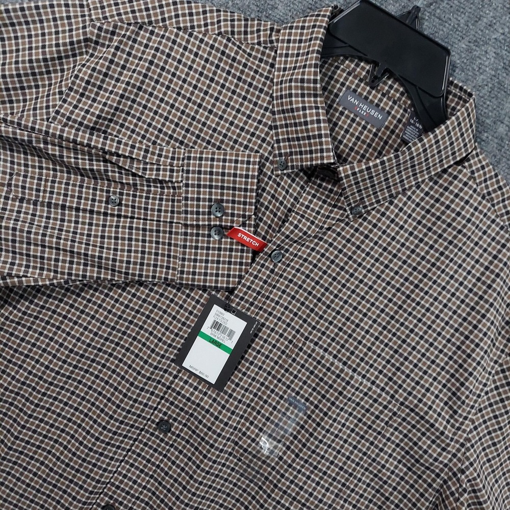 Van Heusen Flex Shirt‎ Mens Large Brown Check Long Sleeve Stretch Button Up
